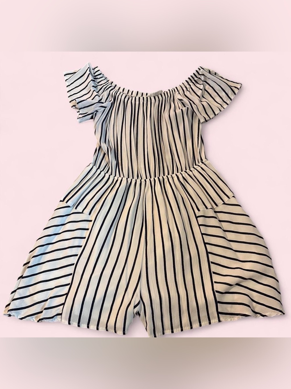 P. CILL White and Navy Blue Striped Off-Shoulder Romper